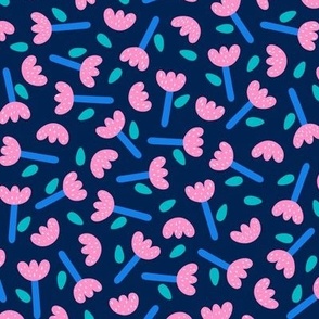  Sweet Little Flowers // normal scale 0031 C // Children's Fabric Bold Aesthetic Modern Pattern cute buds navy pink lightpink blue babyblue skyblue turquoise neon 