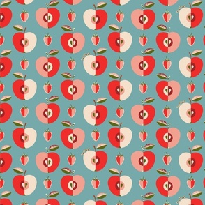 (M) Mid century apples and strawberries verdigris red