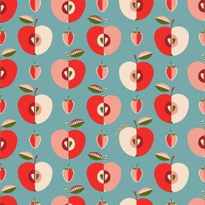 (L) Mid century apples and strawberries verdigris red