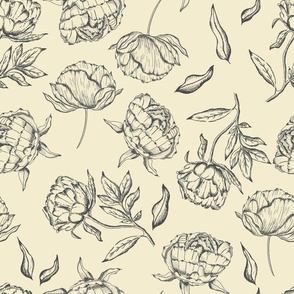 Hand Drawn Peony Vintage Botanical Pattern in Cream and Charcoal Grey