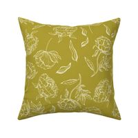 Hand Drawn Peony Vintage Botanical Pattern in Cream and Acid Green