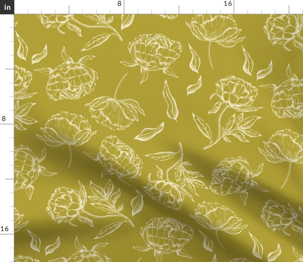 Hand Drawn Peony Vintage Botanical Pattern in Cream and Acid Green