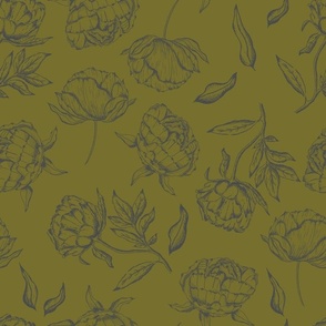 Hand Drawn Peony Vintage Botanical Pattern in Charcoal and Acid Green