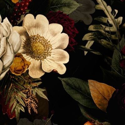 Vintage Winter Romanticism  for a powder room : Maximalism Bold Moody Florals - Antiqued burgundy Roses and Nostalgic Gothic Mystic Night 13-  Antique Botany Wallpaper and Victorian Goth Mystic inspired