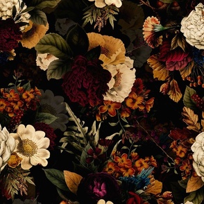 Vintage Winter Romanticism  for a powder room : Maximalism Bold Moody Florals - Antiqued burgundy Roses and Nostalgic Gothic Mystic Night 13-  Antique Botany Wallpaper and Victorian Goth Mystic inspired