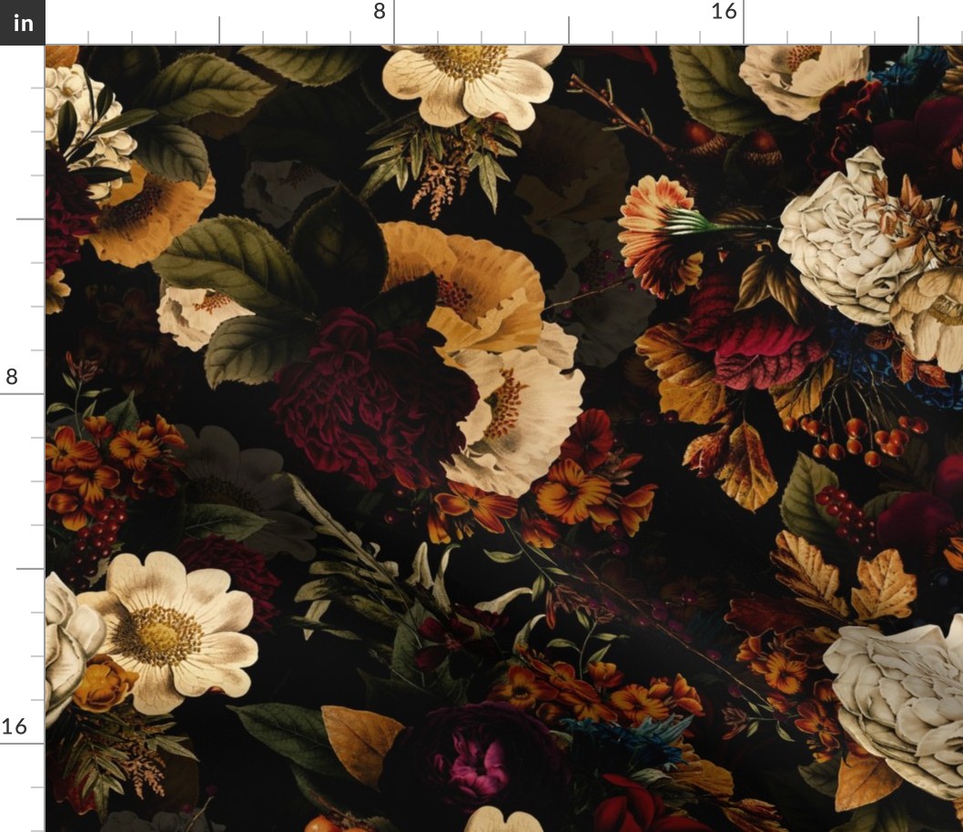 Vintage Winter Romanticism  for a powder room : Maximalism Bold Moody Florals - Antiqued burgundy Roses and Nostalgic Gothic Mystic Night 13-  Antique Botany Wallpaper and Victorian Goth Mystic inspired