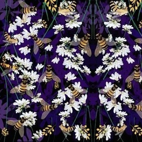 Bees, cilantro on purple, mirrored, 1 inch bees