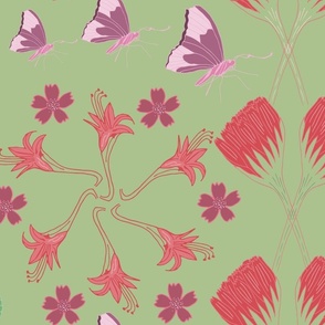 Flowers and butterflies - pretty pink and green
