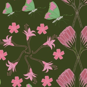 Flowers and butterflies - pretty dark green pink