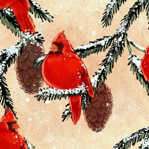 winter red cardinals bird twig pine cones 