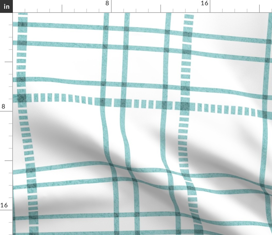 Large jumbo scale // Modern check coordinate // white background middle blue green criss-crossed vertical and horizontal stripes