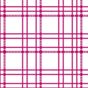 Small scale // Modern check coordinate // white background fuchsia pink criss-crossed vertical and horizontal stripes barbiecore barbiemania