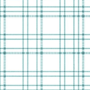 Small scale // Modern check coordinate // white background middle blue green criss-crossed vertical and horizontal stripes