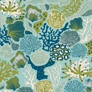 Shell Reef- Seashells on the ocean floor- Mint Sea Green shells in Sea Blue Olive Sand White Reef on Misty Turquoise- Large Scale 