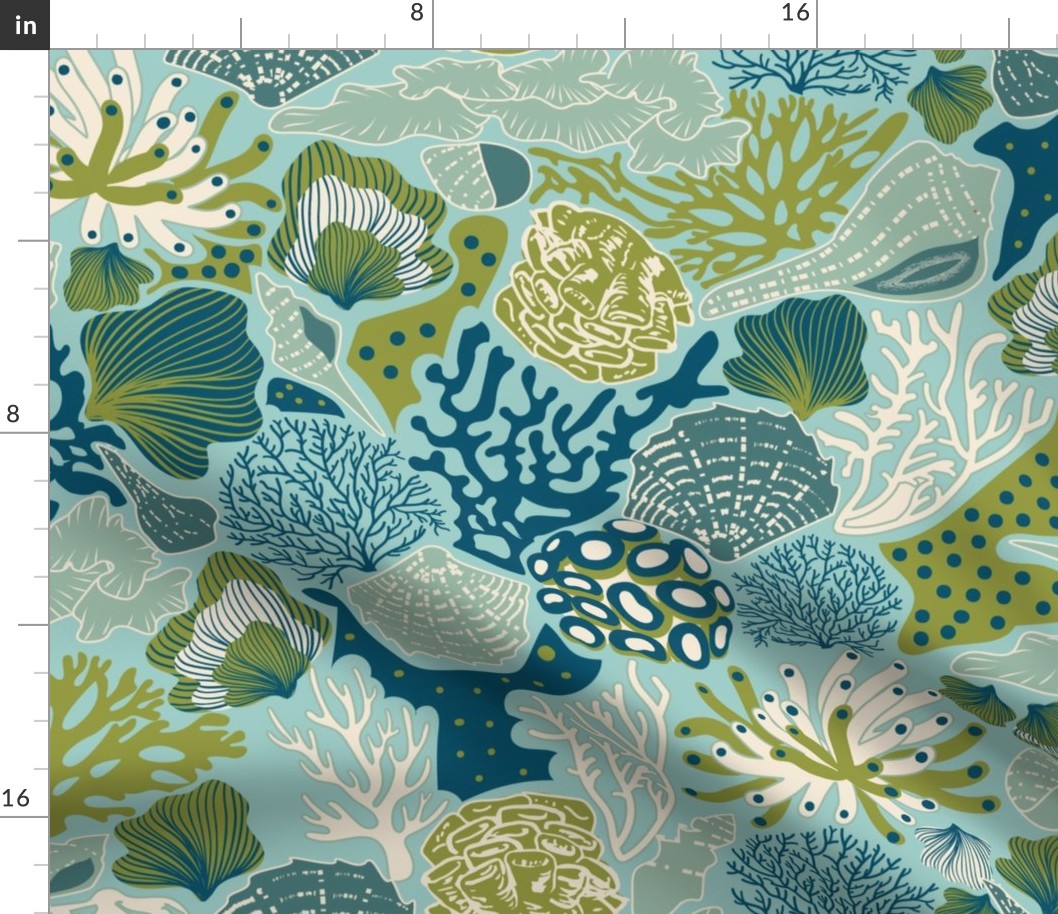 Shell Reef- Seashells on the ocean floor- Mint Sea Green shells in Sea Blue Olive Sand White Reef on Misty Turquoise- Large Scale 