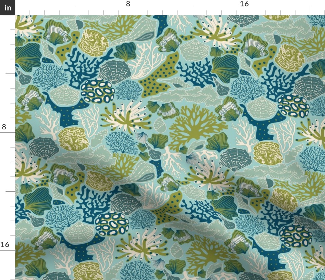 Shell Reef- Seashells on the ocean floor- Mint Sea Green shells in Sea Blue Olive Sand White Reef on Misty Turquoise- Regular Scale 