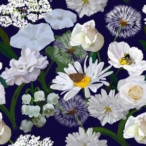 Insects and Flowers Fabric Wallpaper, Nature Print, White garden on blue, floral design, home decor