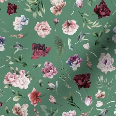 peonies floral on minty green
