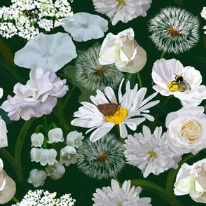 Insects and Flowers Fabric Wallpaper, Nature Print, White garden on green, floral design, home decor