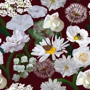 Insects and Flowers Fabric Wallpaper, Nature Print, White garden on red, floral design, home decor