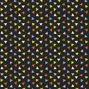 Tossed Triangles / Red Yellow White Blue Pink Triangles on Black / Non-Directional Abstract - Small
