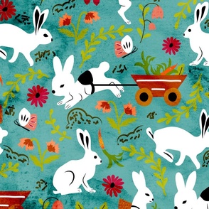 Rabbit Adventures- Spring Festival- Watercolor- White Bunny on Aqua Verdigris- Large Scale