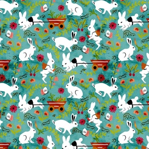 Rabbit Adventures- Spring Festival- Watercolor- White Bunny on Aqua Verdigris- Regular Scale