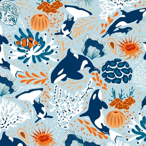 Ocean Harmony- Teamwork Underwater- Midnight Cerulean White Orange on Sky Blue- Large Scale