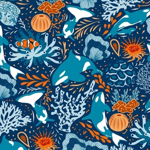 Ocean Harmony- Teamwork Underwater-  Cerulean Blue Sky White Orange on Midnight- Large Scale