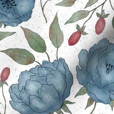 Vintage floral - Blue peony garden - textured white background L scale