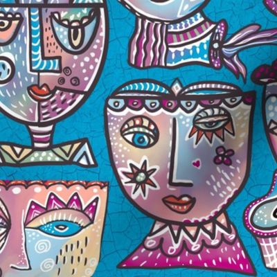 Surrealist meets cubism handdrawn colourful wonky quirky faces in lilacs on turquoise  crackle background 12”  repeat