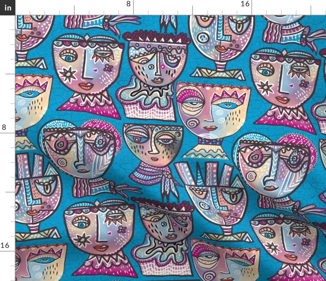 Surrealist meets cubism handdrawn colourful wonky quirky faces in lilacs on turquoise  crackle background 12”  repeat