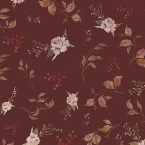 French Country Burgundy Red, Dusty Rose and Peach falling Flowers and Leaves 