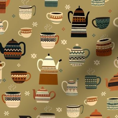Cozy Autumn - Tea and teapots sage M