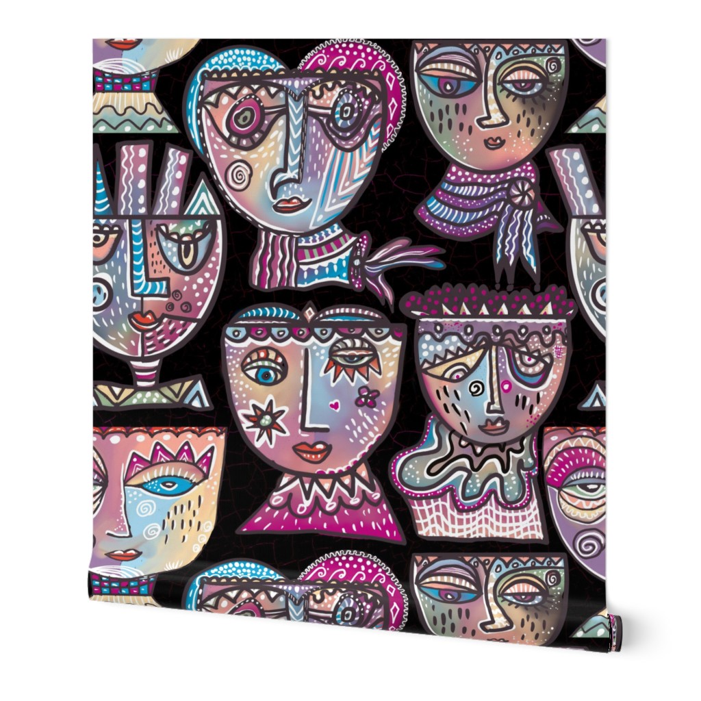 Surrealist meets cubism handdrawn colourful wonky  quirky faces in lilacs on black crackle background 12” repeat