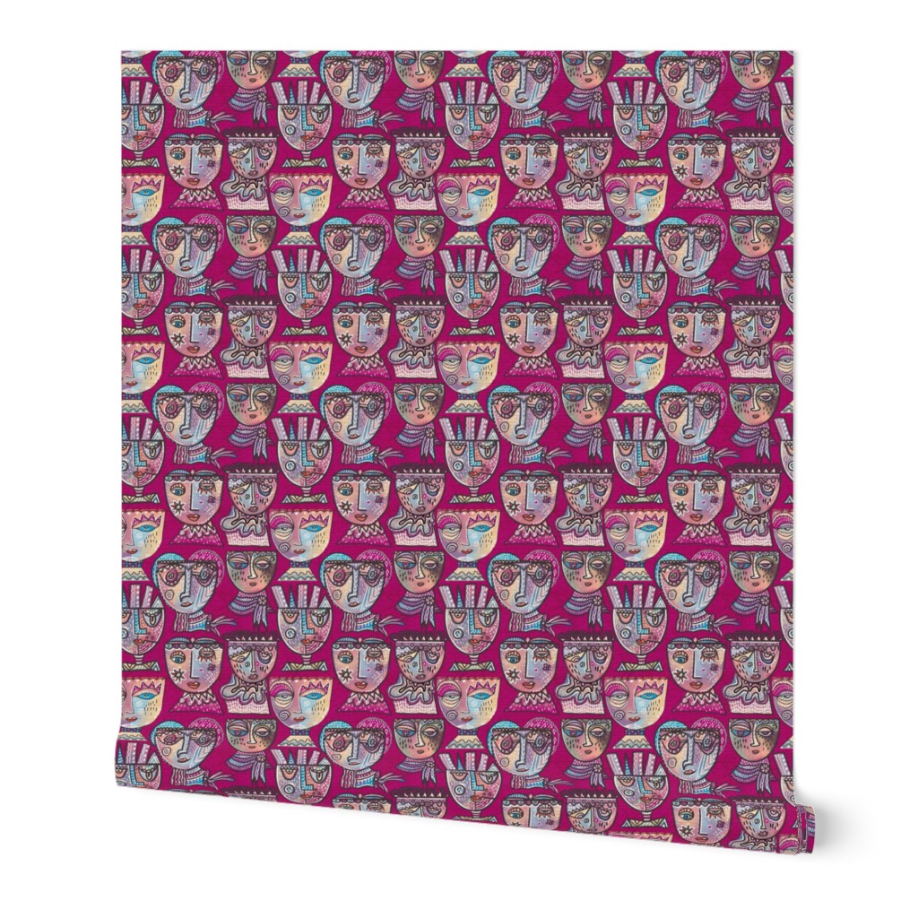 Surrealist meets cubism handdrawn colourful wonky quirky faces in lilacs on  bright cerise crackle background 6”  repeat