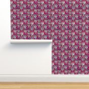 Surrealist meets cubism handdrawn colourful wonky quirky faces in lilacs on  bright cerise crackle background 6”  repeat