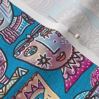 Surrealist meets cubism handdrawn colourful wonky quirky funny faces in lilacs on turquoise  crackle background 6” repeat