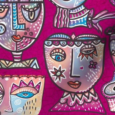 Surrealist meets cubism handdrawn colourful wonky quirky  faces in lilacs on  bright cerise crackle background 12” repeat