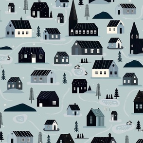 Whimsical Winter - Iceland town dusky blue L