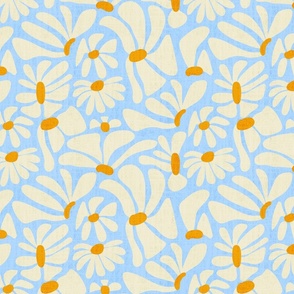 Retro Whimsy Daisy- Flower Power on Light Blue with Texture- Eggshell Floral- Regular Scale