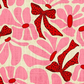 Retro Whimsy Daisy and Bows- Flower Power on Eggshell - Red Ribbons Pink Floral- Large Scale