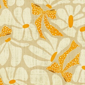 Retro Whimsy Daisy and Bows- Flower Power on Beige - Yellow Ribbons Eggshell Floral- Warm Neutrals- Large Scale 