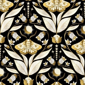 Whimsigothic Garden- Celestial Moth Belladonna Moody Floral- Black White Gold- Regular Scale