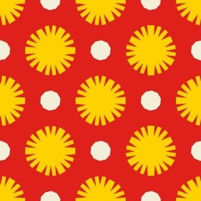 Pom Poms & Decagons // large print // Sunshine Swirl Shapes on Funhouse Red