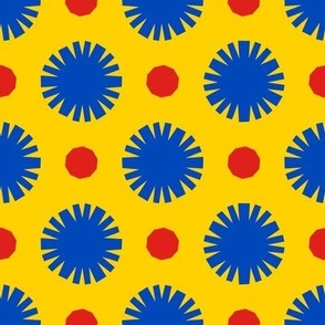 Pom Poms & Decagons // large print // Big Top Blue Shapes on Sunshine Swirl