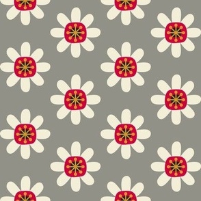 Atomic Blossoms // medium print // Pearl White Retro Flowers on Smoky Spotlight