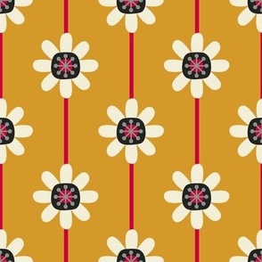 Atomic Blossoms & Stripes // medium print // Pearl White Retro Flowers on Golden Marquee