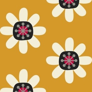 Atomic Blossoms // large print // Pearl White Retro Flowers on Golden Marquee