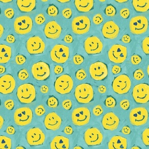 Smiley Faces Yellow Faces on Green pattern 
